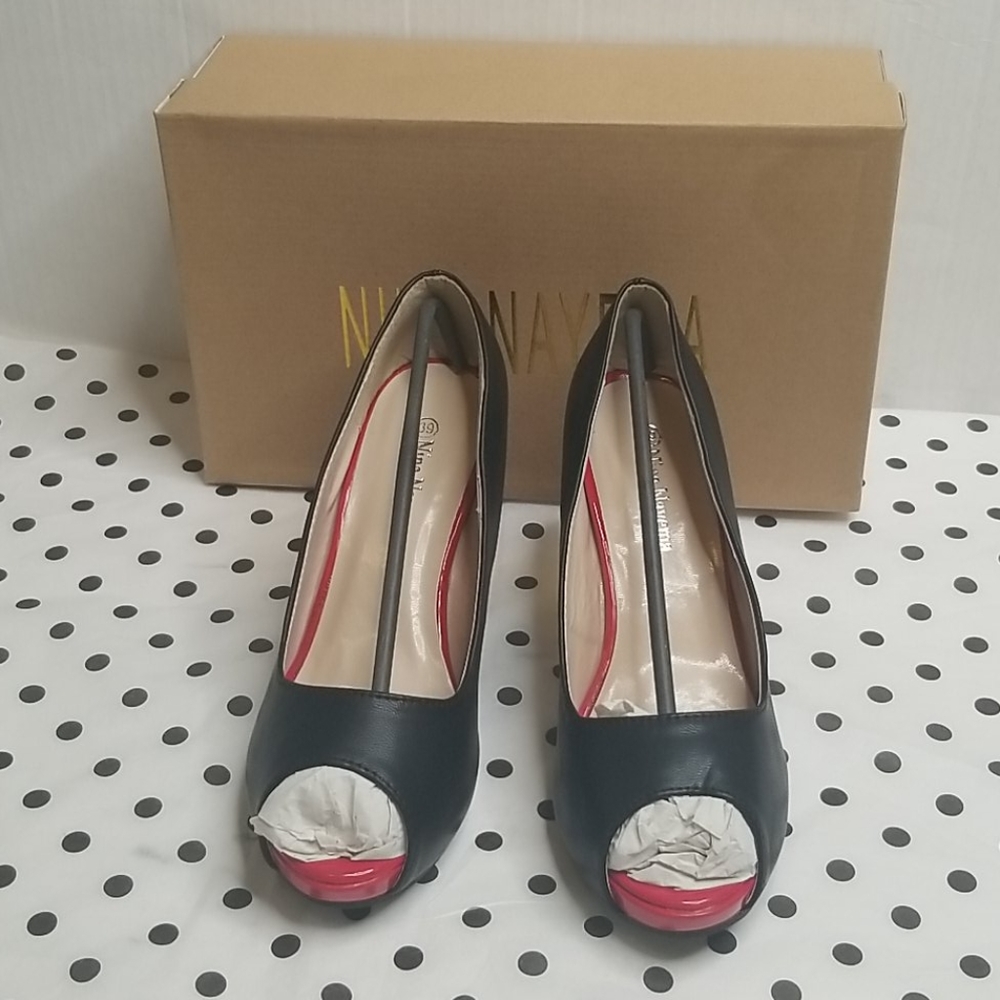 Nina Nayema Navil  Peep Toe Pumps Black and Red